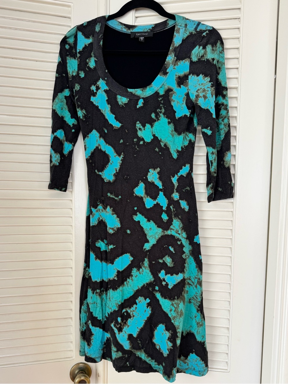 Karen Kane Black and Teal Abstract Scoop Neck Long Sleeve Dress size Small